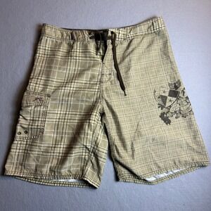 Rusty Mens Plaid Board Shorts Tan White Graphic Crest Cargo Pocket Size 34